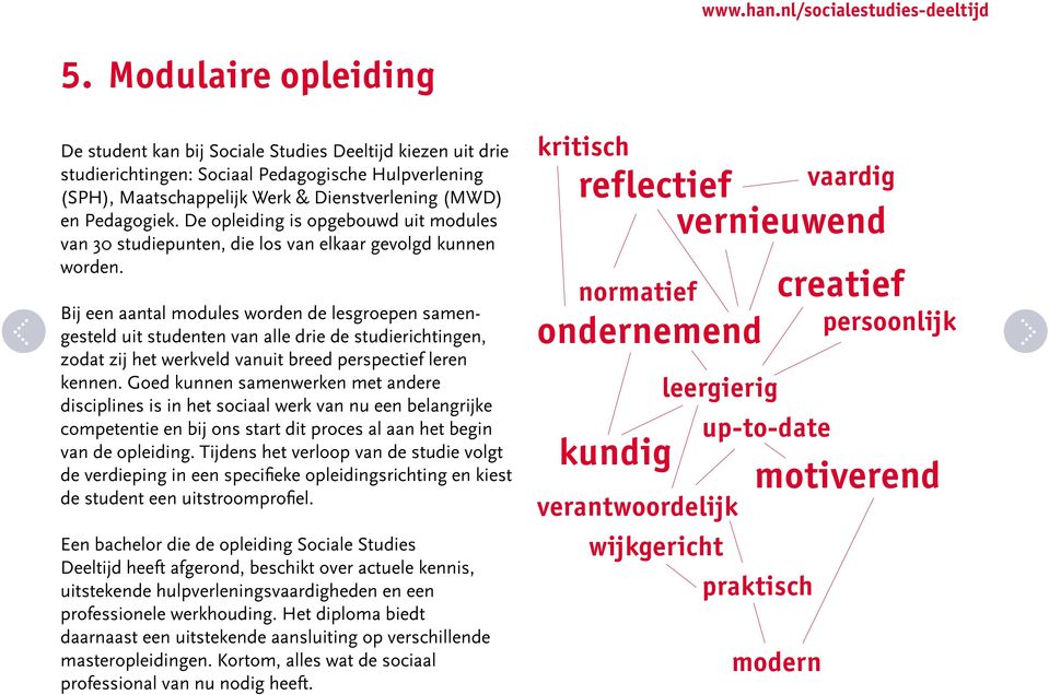 Bij een aantal modules worden de lesgroepen samengesteld uit studenten van alle drie de studierichtingen, zodat zij het werkveld vanuit breed perspectief leren kennen.