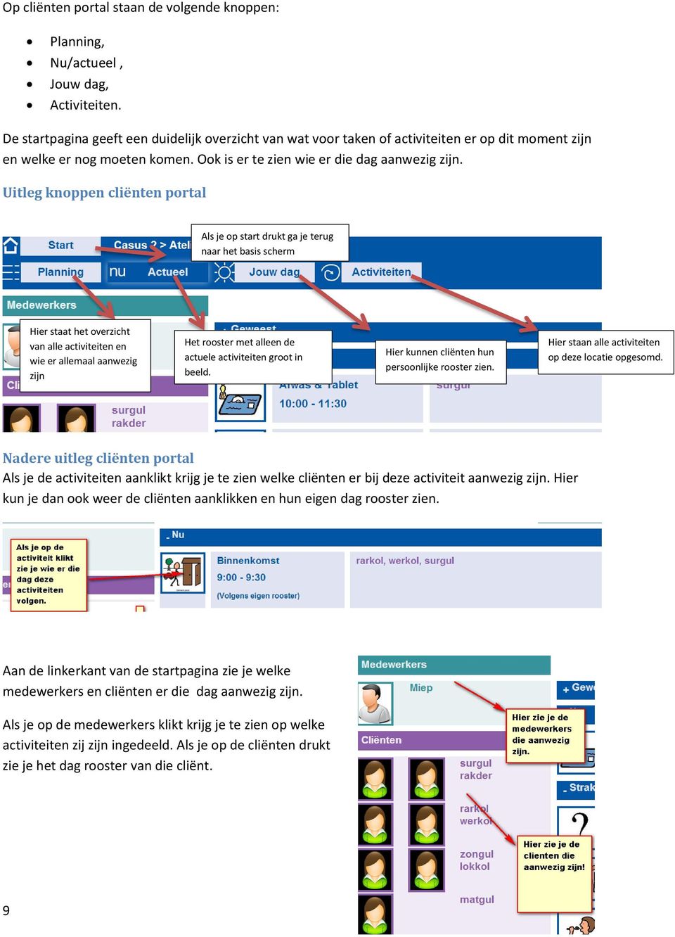 Uitleg knoppen cliënten portal Als je op start drukt ga je terug naar het basis scherm Hier staat het overzicht van alle activiteiten en wie er allemaal aanwezig zijn Het rooster met alleen de