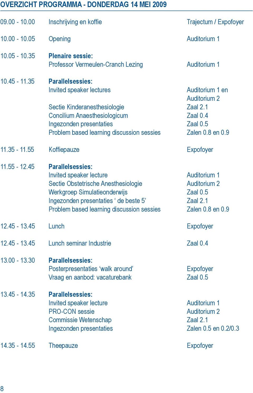 1 Concilium Anaesthesiologicum Zaal 0.4 Ingezonden presentaties Zaal 0.5 Problem based learning discussion sessies Zalen 0.8 en 0.9 11.35-11.55 Koffiepauze Expofoyer 11.55-12.