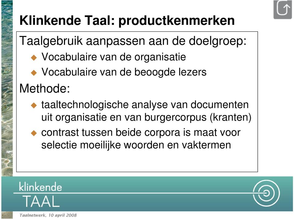 taaltechnologische analyse van documenten uit organisatie en van burgercorpus