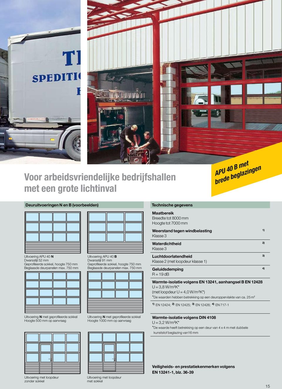 750 mm Maatbereik Breedte tot 8000 mm Hoogte tot 7000 mm Weerstand tegen windbelasting 1) Klasse 3 Waterdichtheid 2) Klasse 3 Luchtdoorlatendheid 3) Klasse 2 (met loopdeur klasse 1) Geluidsdemping 4)