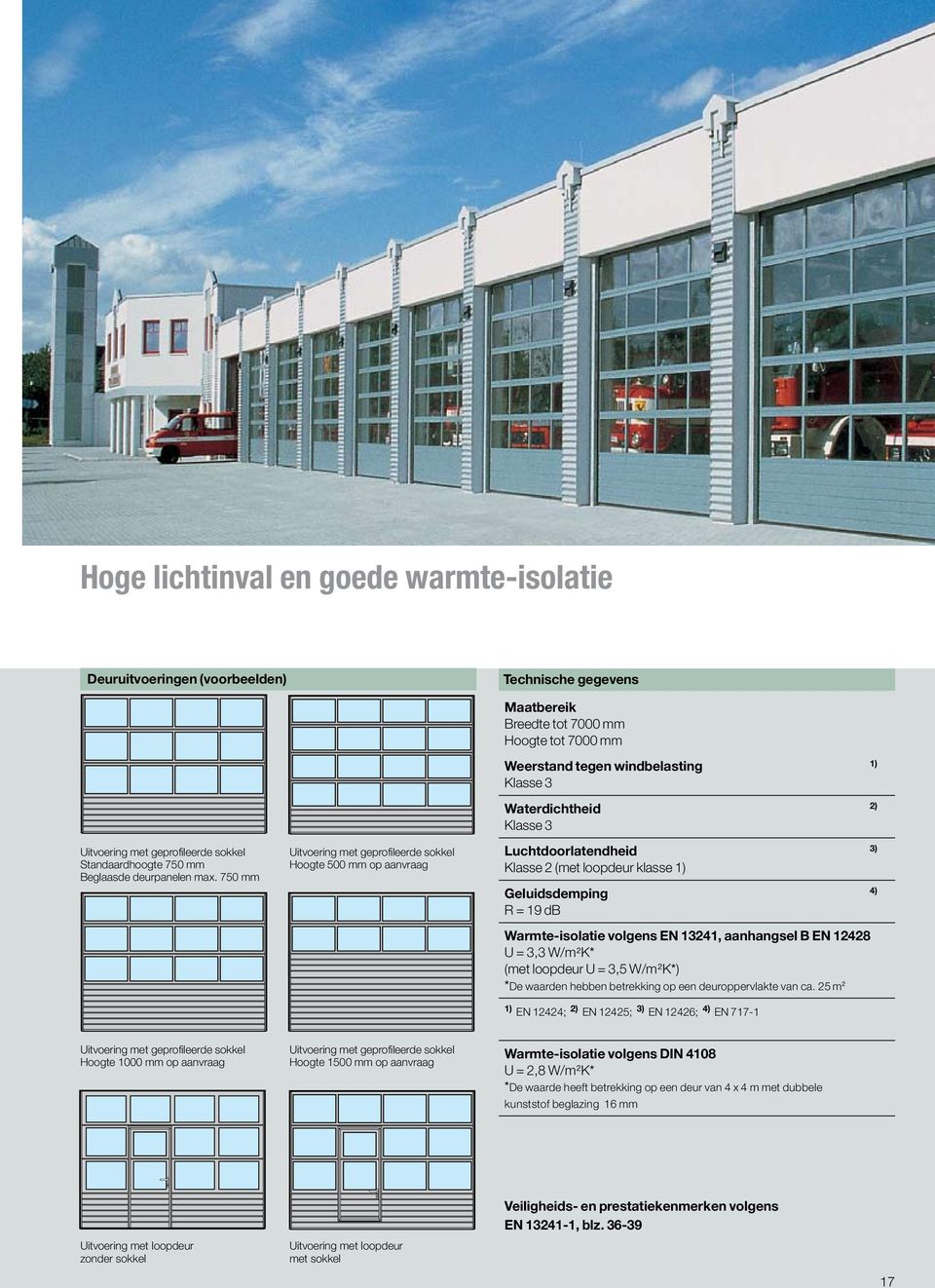 Luchtdoorlatendheid 3) Klasse 2 (met loopdeur klasse 1) Geluidsdemping 4) R = 19 db Warmte-isolatie volgens EN 13241, aanhangsel B EN 12428 U = 3,3 W/m 2 K* (met loopdeur U = 3,5 W/m 2 K*) *De
