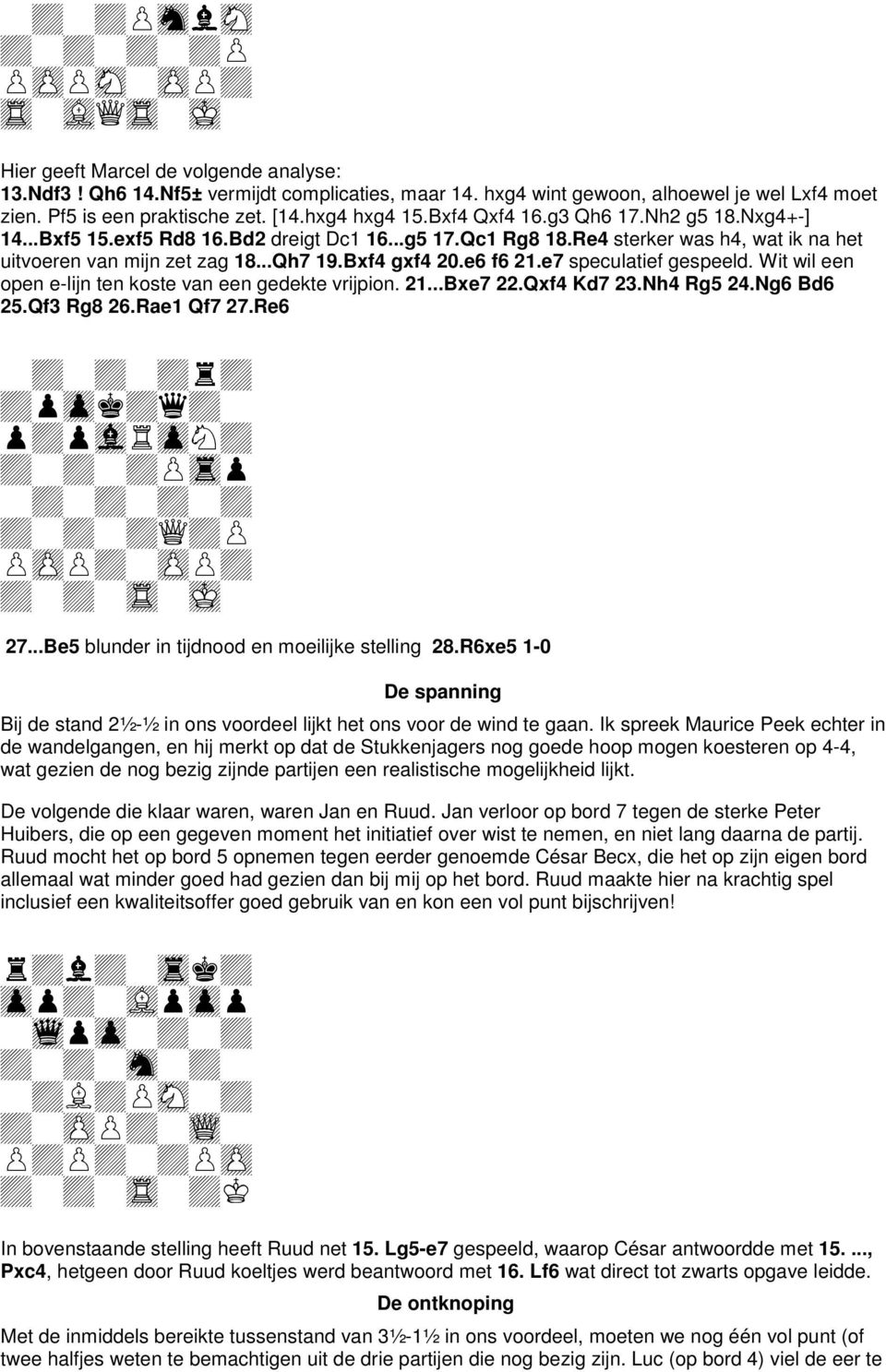 e7 speculatief gespeeld. Wit wil een open e-lijn ten koste van een gedekte vrijpion. 21...Bxe7 22.Qxf4 Kd7 23.Nh4 Rg5 24.Ng6 Bd6 25.Qf3 Rg8 26.Rae1 Qf7 27.Re6 27.
