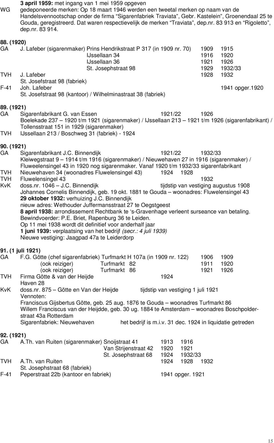 Lafeber (sigarenmaker) Prins Hendrikstraat P 317 (in 1909 nr. 70) 1909 1915 IJssellaan 34 1916 1920 IJssellaan 36 1921 1926 St. Josephstraat 98 1929 1932/33 TVH J. Lafeber 1928 1932 St.