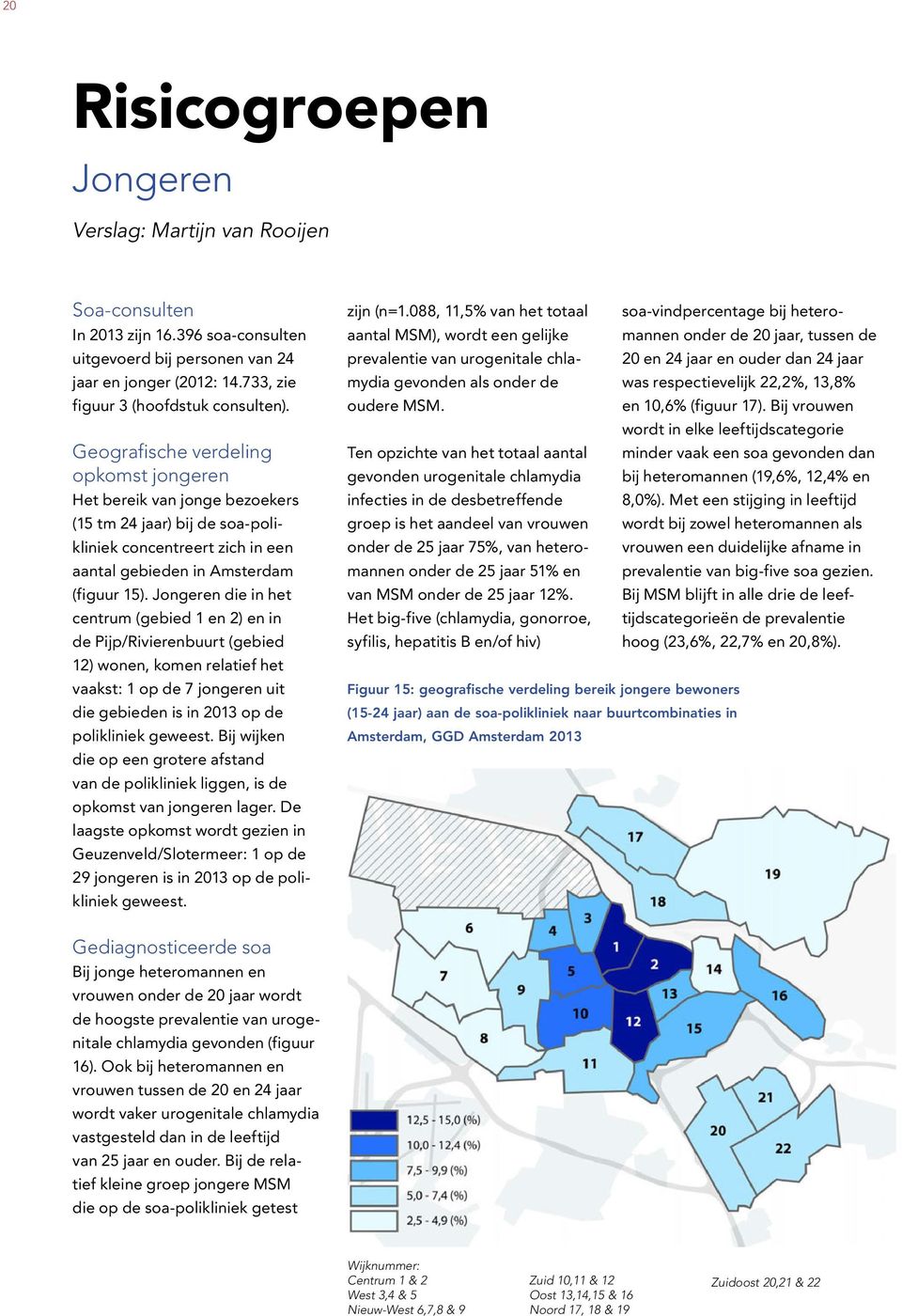 Jongeren die in het centrum (gebied 1 en 2) en in de Pijp/Rivierenbuurt (gebied 12) wonen, komen relatief het vaakst: 1 op de 7 jongeren uit die gebieden is in 213 op de polikliniek geweest.