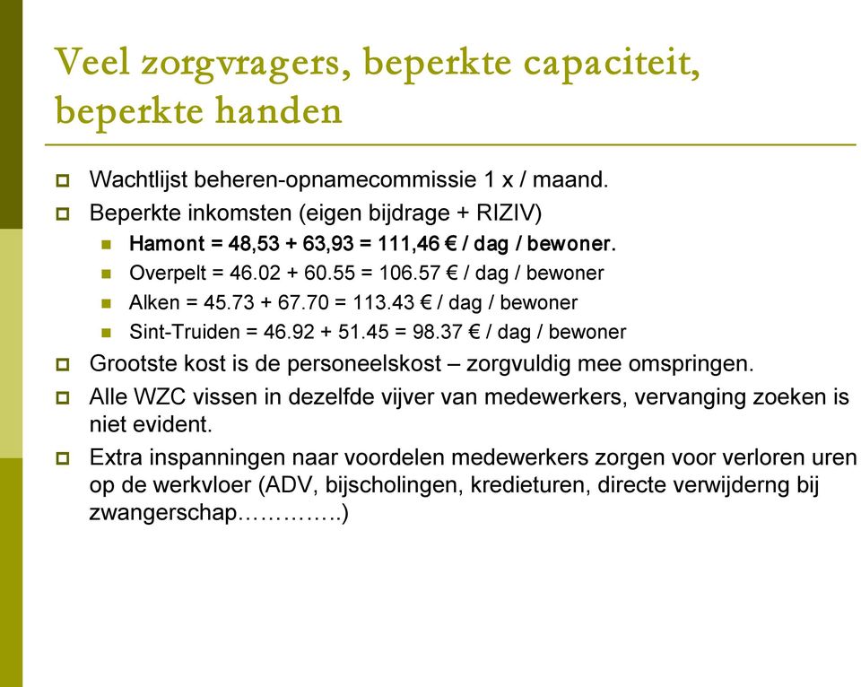 70 = 113.43 / dag / bewoner Sint Truiden = 46.92 + 51.45 = 98.37 / dag / bewoner Grootste kost is de personeelskost zorgvuldig mee omspringen.