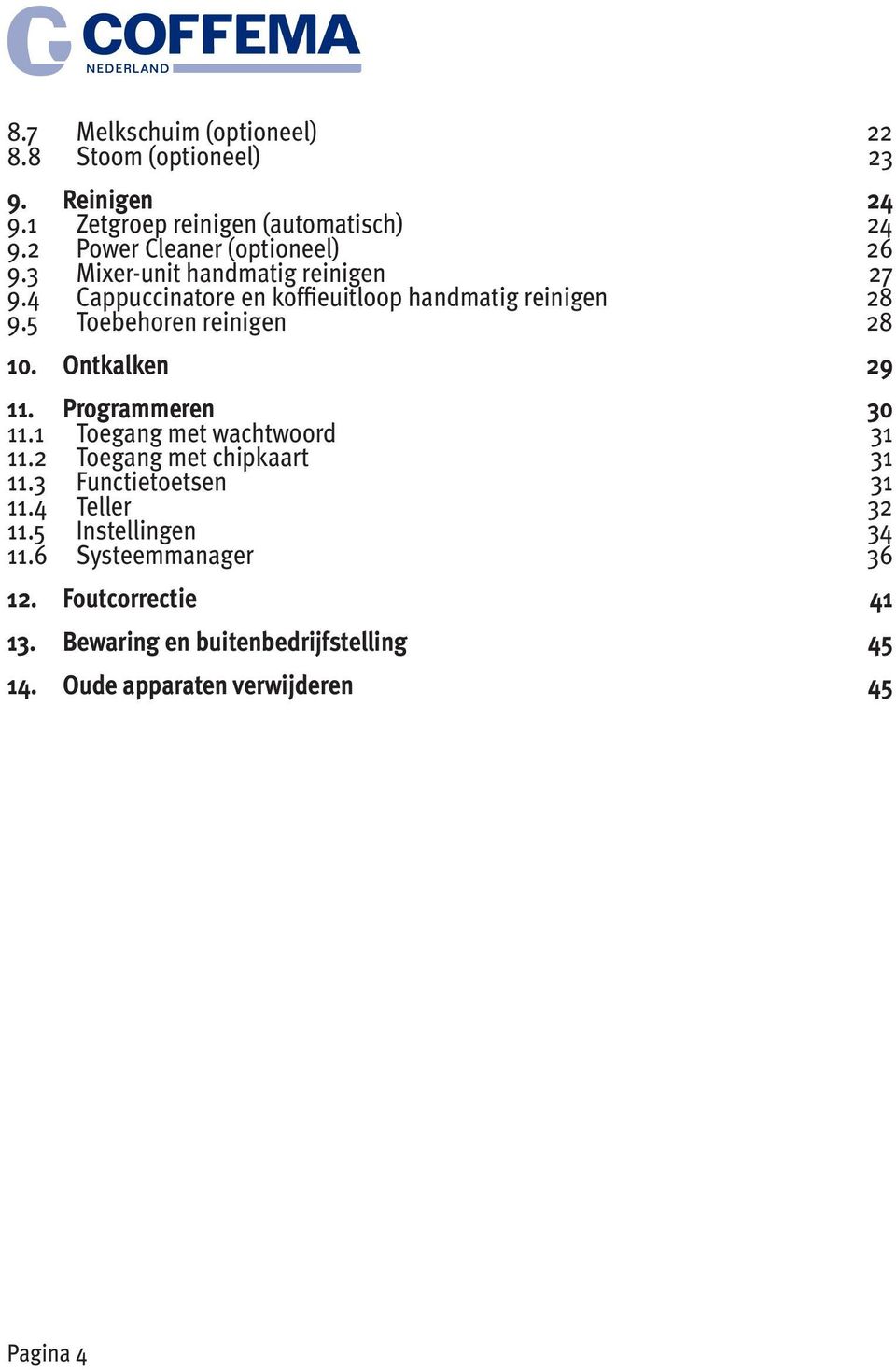 5 Toebehoren reinigen 28 10. Ontkalken 29 11. Programmeren 30 11.1 Toegang met wachtwoord 31 11.2 Toegang met chipkaart 31 11.