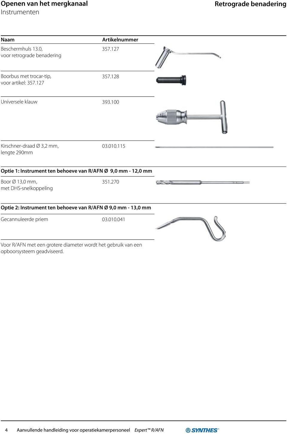 115 Optie 1: Instrument ten behoeve van R/AFN Ø 9,0 mm - 12,0 mm Boor Ø 13,0 mm, met DHS-snelkoppeling 351.