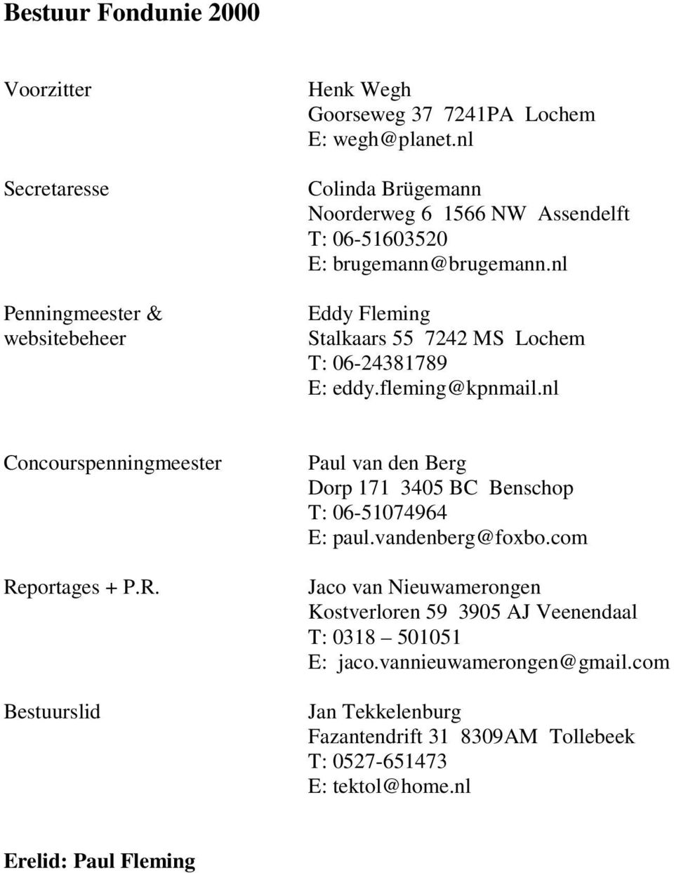 fleming@kpnmail.nl Concourspenningmeester Reportages + P.R. Bestuurslid Paul van den Berg Dorp 171 3405 BC Benschop T: 06-51074964 E: paul.vandenberg@foxbo.