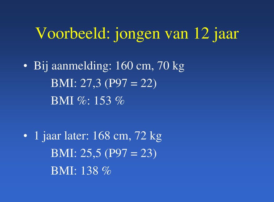 (P97 = 22) BMI %: 153 % 1 jaar later: