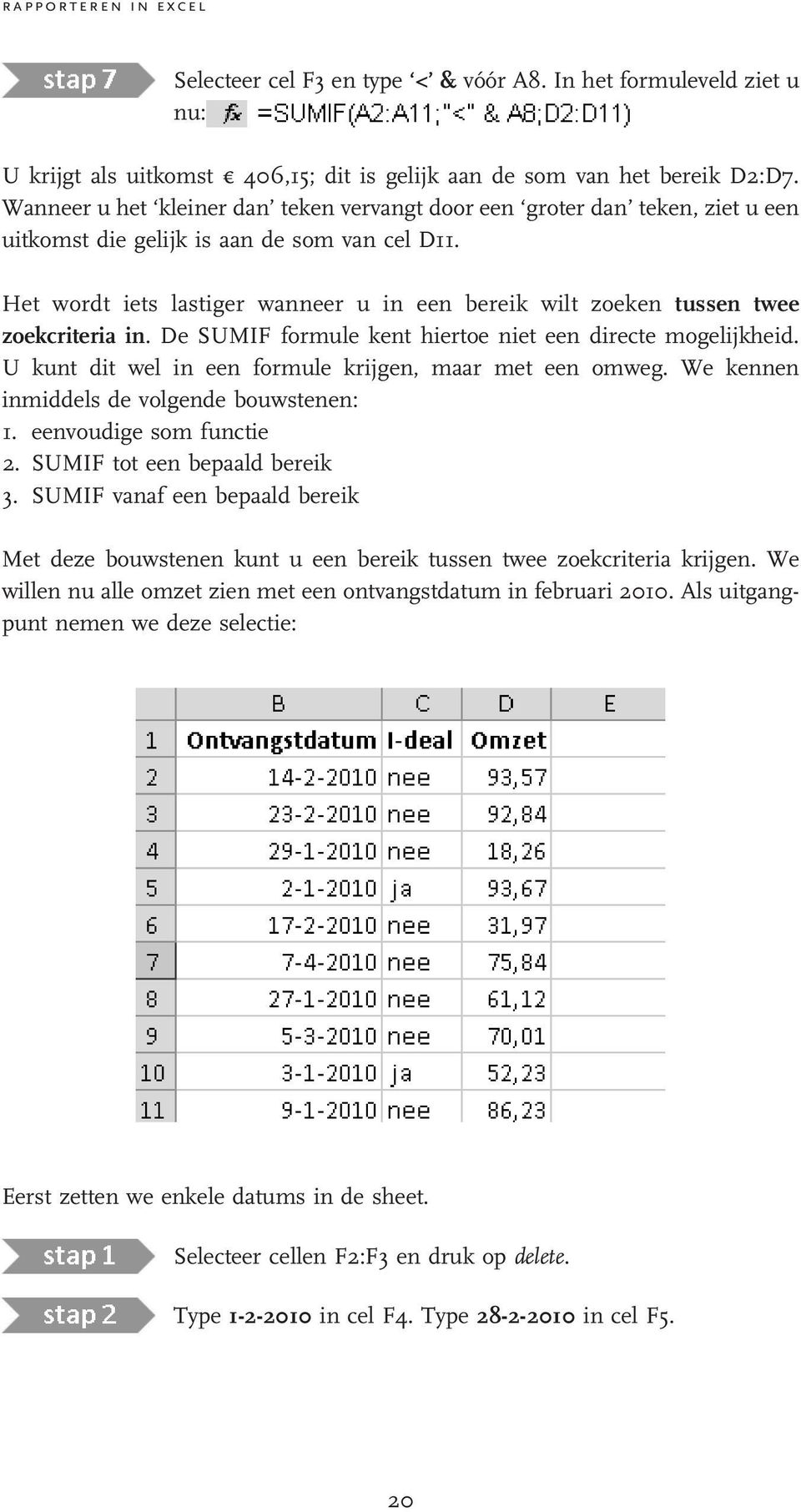 Het wordt iets lastiger wanneer u in een bereik wilt zoeken tussen twee zoekcriteria in. De SUMIF formule kent hiertoe niet een directe mogelijkheid.