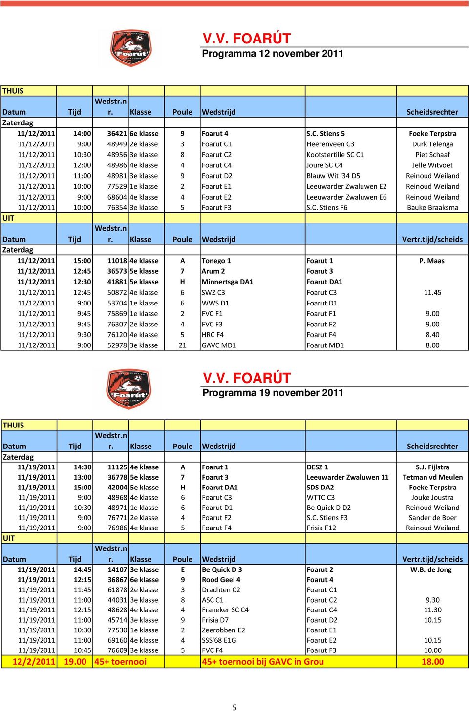 klasse 4 Foarut C4 Joure SC C4 Jelle Witvoet 11/12/2011 11:00 48981 3e klasse 9 Foarut D2 Blauw Wit '34 D5 Reinoud Weiland 11/12/2011 10:00 77529 1e klasse 2 Foarut E1 Leeuwarder Zwaluwen E2 Reinoud