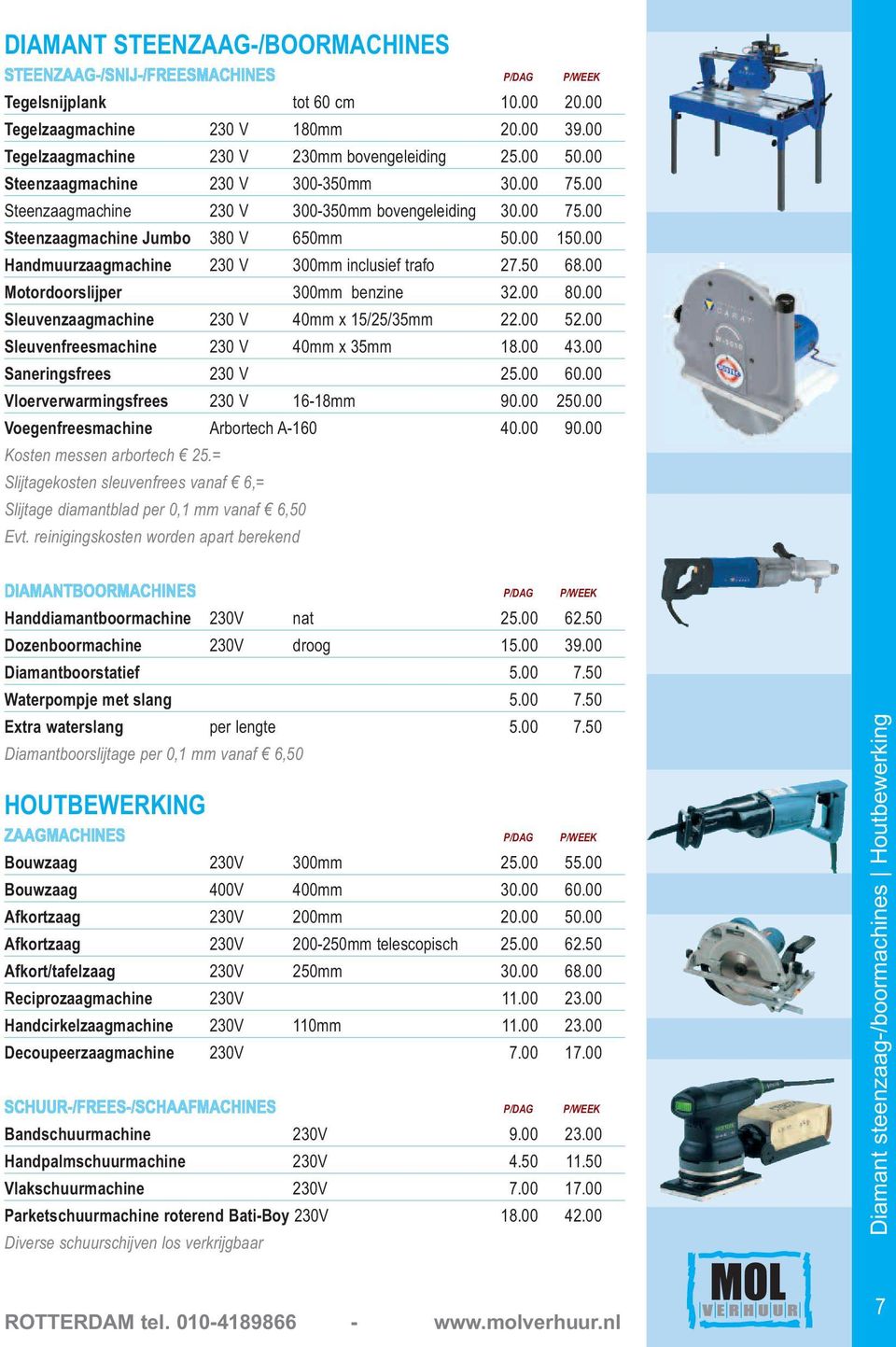 00 Handmuurzaagmachine 230 V 300mm inclusief trafo 27.50 68.00 Motordoorslijper 300mm benzine 32.00 80.00 Sleuvenzaagmachine 230 V 40mm x 15/25/35mm 22.00 52.