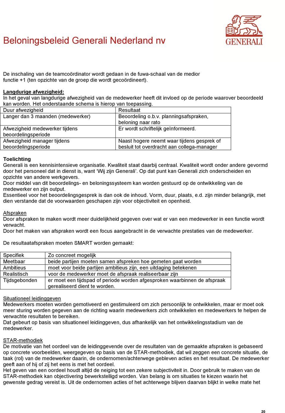 Duur afwezigheid Resultaat Langer dan 3 maanden (medewerker) Beoordeling o.b.v. planningsafspraken, beloning naar rato Afwezigheid medewerker tijdens Er wordt schriftelijk geïnformeerd.