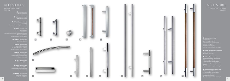 voordeurpaneel) 5 ETERNAL, roestvrij staal B 98 mm x H 535 mm 6 FAIRY, roestvrij staal gepolijst en gesatineerd, Ø 30 mm, B 620 mm x H 70 mm (greepmontage op voordeurpaneel) 7 IRENE, roestvrij staal