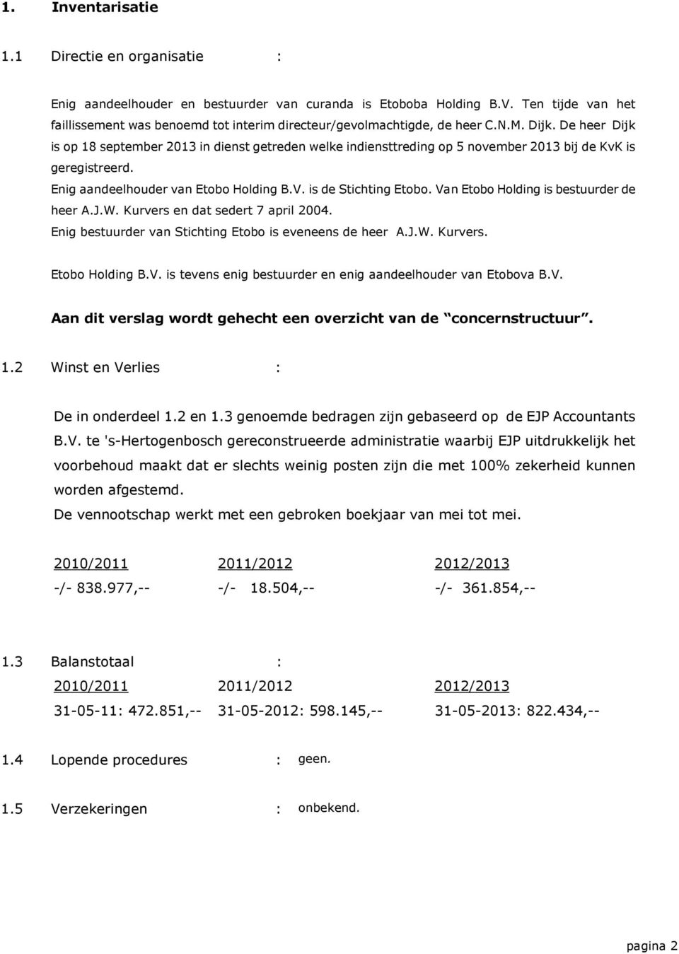 De heer Dijk is op 18 september 2013 in dienst getreden welke indiensttreding op 5 november 2013 bij de KvK is geregistreerd. Enig aandeelhouder van Etobo Holding B.V. is de Stichting Etobo.