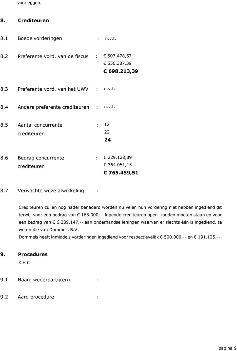 7 Verwachte wijze afwikkeling : Crediteuren zullen nog nader benaderd worden nu velen hun vordering niet hebben ingediend dit terwijl voor een bedrag van 165.