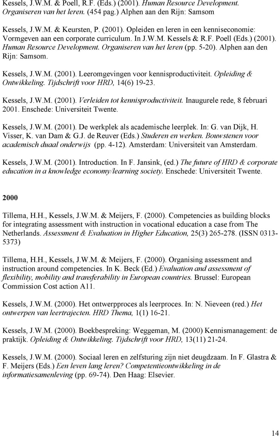 Opleiding & Ontwikkeling. Tijdschrift voor HRD, 14(6) 19-23. Kessels, J.W.M. (2001). Verleiden tot kennisproductiviteit. Inaugurele rede, 8 februari 2001. Enschede: Universiteit Twente. Kessels, J.W.M. (2001). De werkplek als academische leerplek.