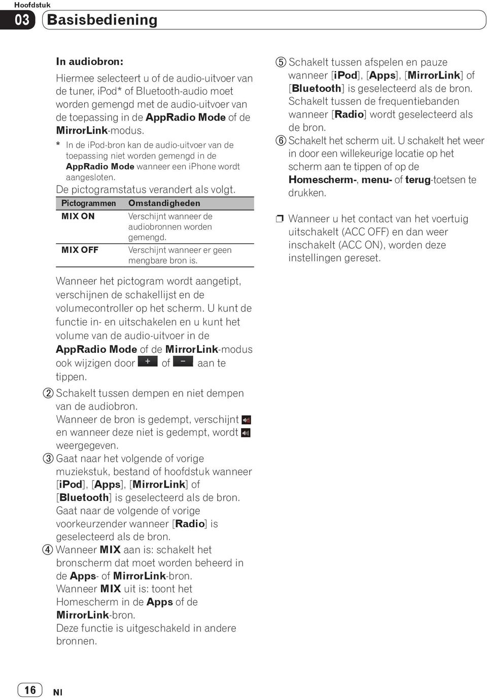 De pictogramstatus verandert als volgt. Pictogrammen Omstandigheden MIX ON MIX OFF Verschijnt wanneer de audiobronnen worden gemengd. Verschijnt wanneer er geen mengbare bron is.