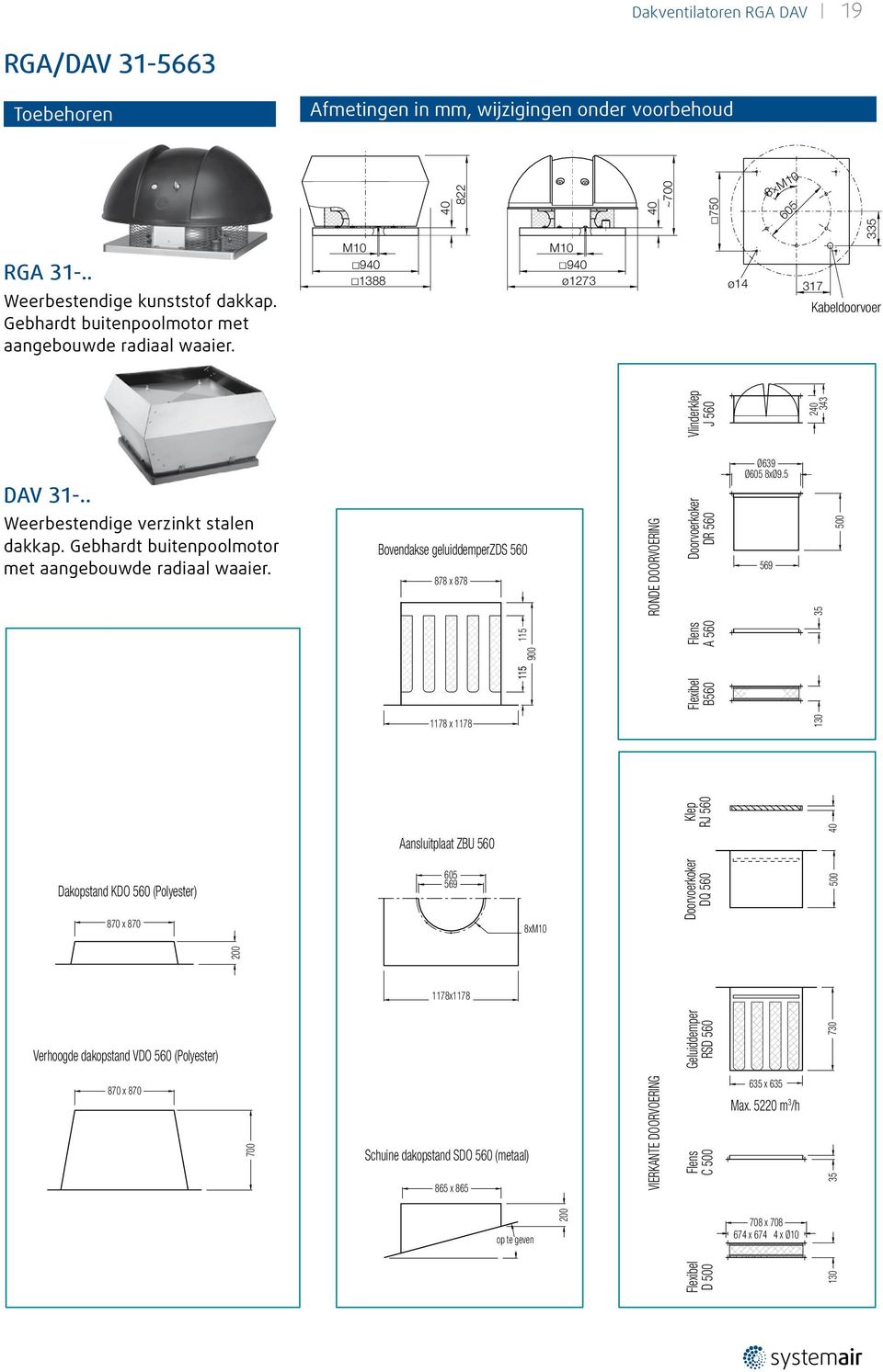 Vlinderklep J 56 878 x 878 1178 x 1178 DR 56 A 56 B56 Ø639 Ø65 8xØ9.5 Aansluitplaat ZBU 56 87 x 87 DQ 56 2 4 8xM1 1178x1178 Geluiddemper RSD 56 7 Schuine dakopstand SDO 56 (metaal) 865 x 865 C 5 Max.