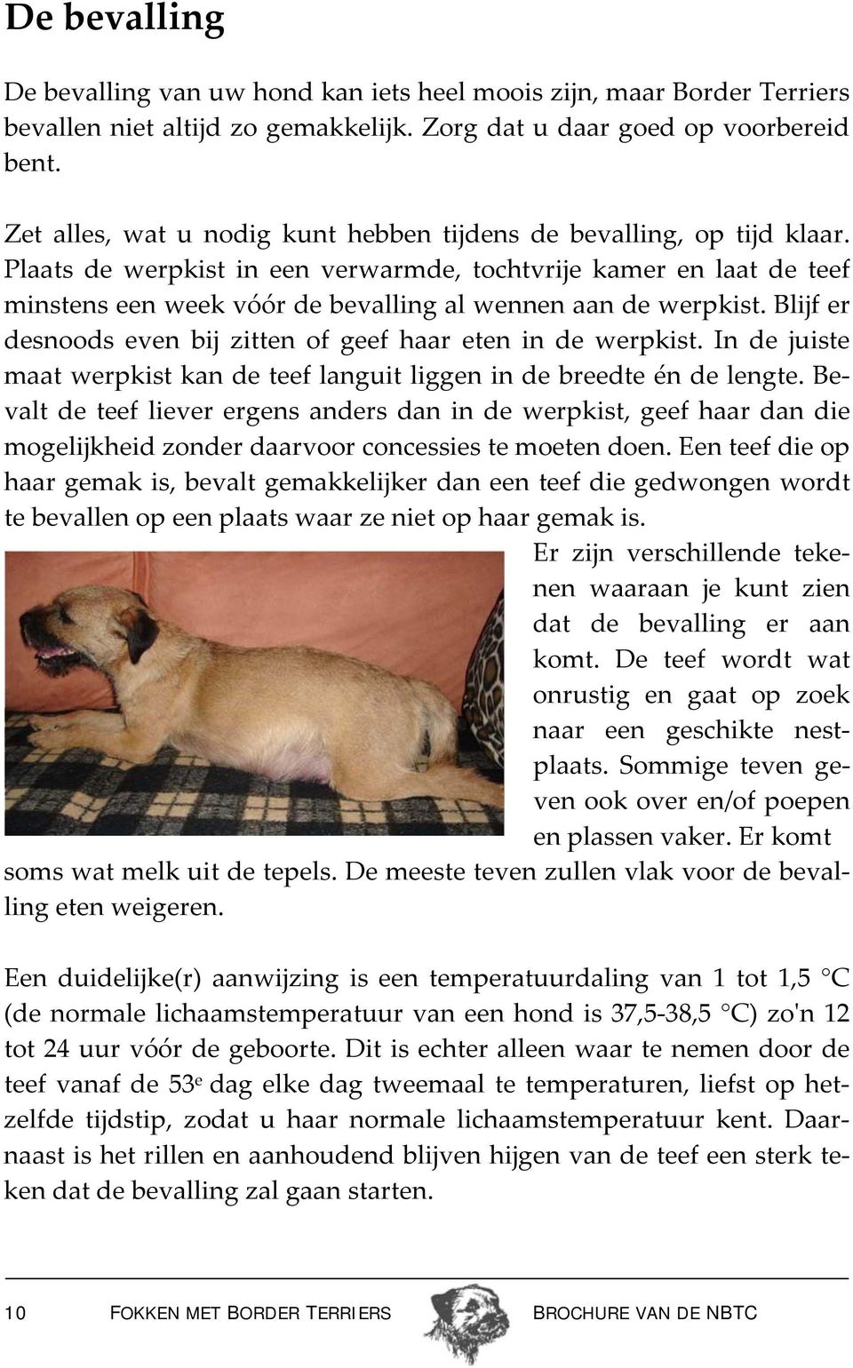 Plaats de werpkist in een verwarmde, tochtvrije kamer en laat de teef minstens een week vóór de bevalling al wennen aan de werpkist. Blijf er desnoods even bij zitten of geef haar eten in de werpkist.