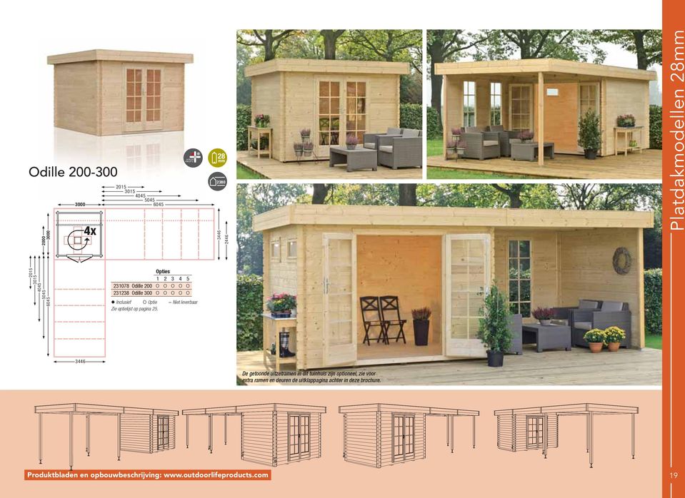 3446 De getoonde uitzetramen in dit tuinhuis zijn optioneel, zie voor extra ramen en deuren de