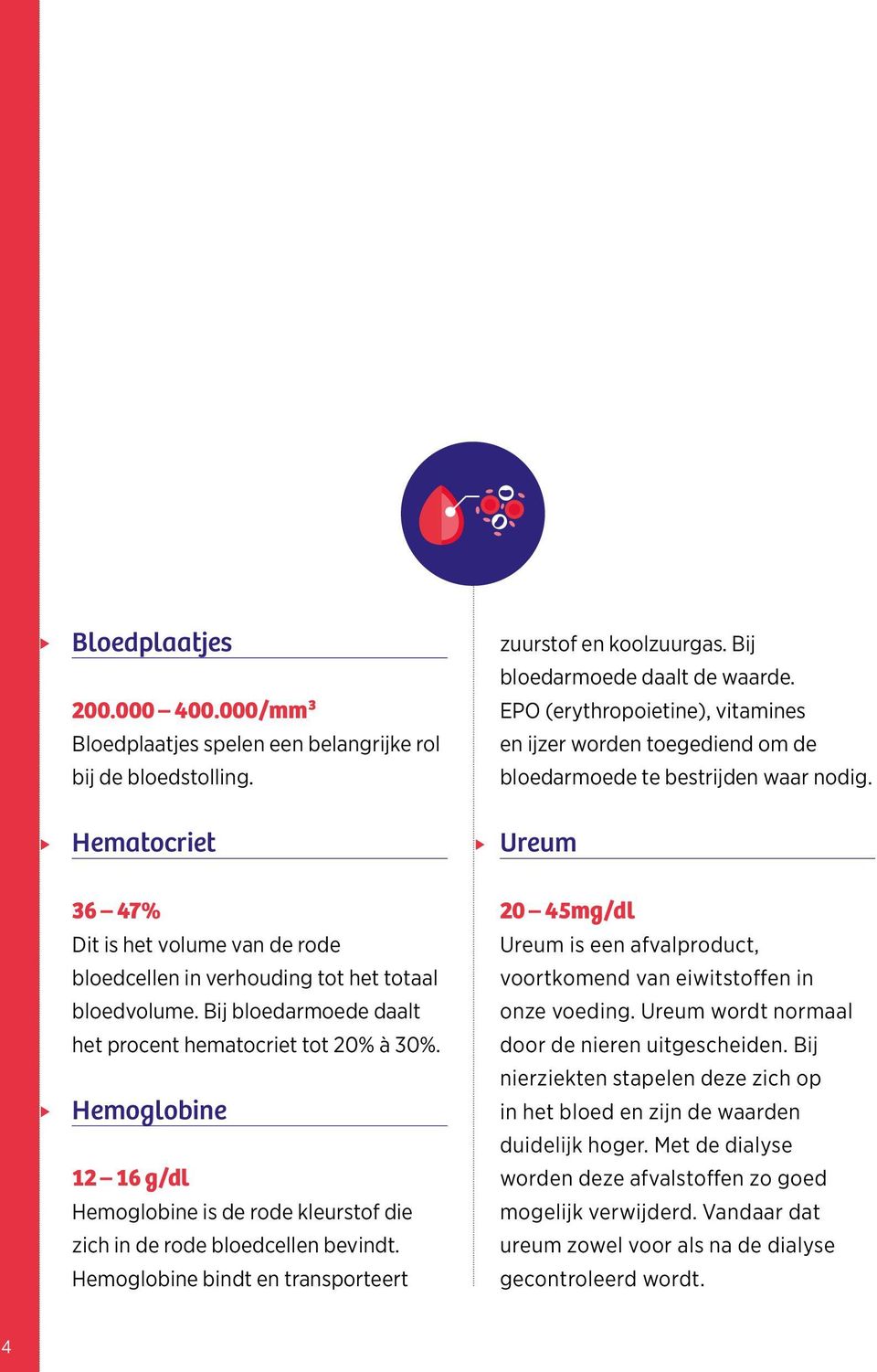 Hemoglobine bindt en transporteert zuurstof en koolzuurgas. Bij bloedarmoede daalt de waarde. EPO (erythropoietine), vitamines en ijzer worden toegediend om de bloedarmoede te bestrijden waar nodig.