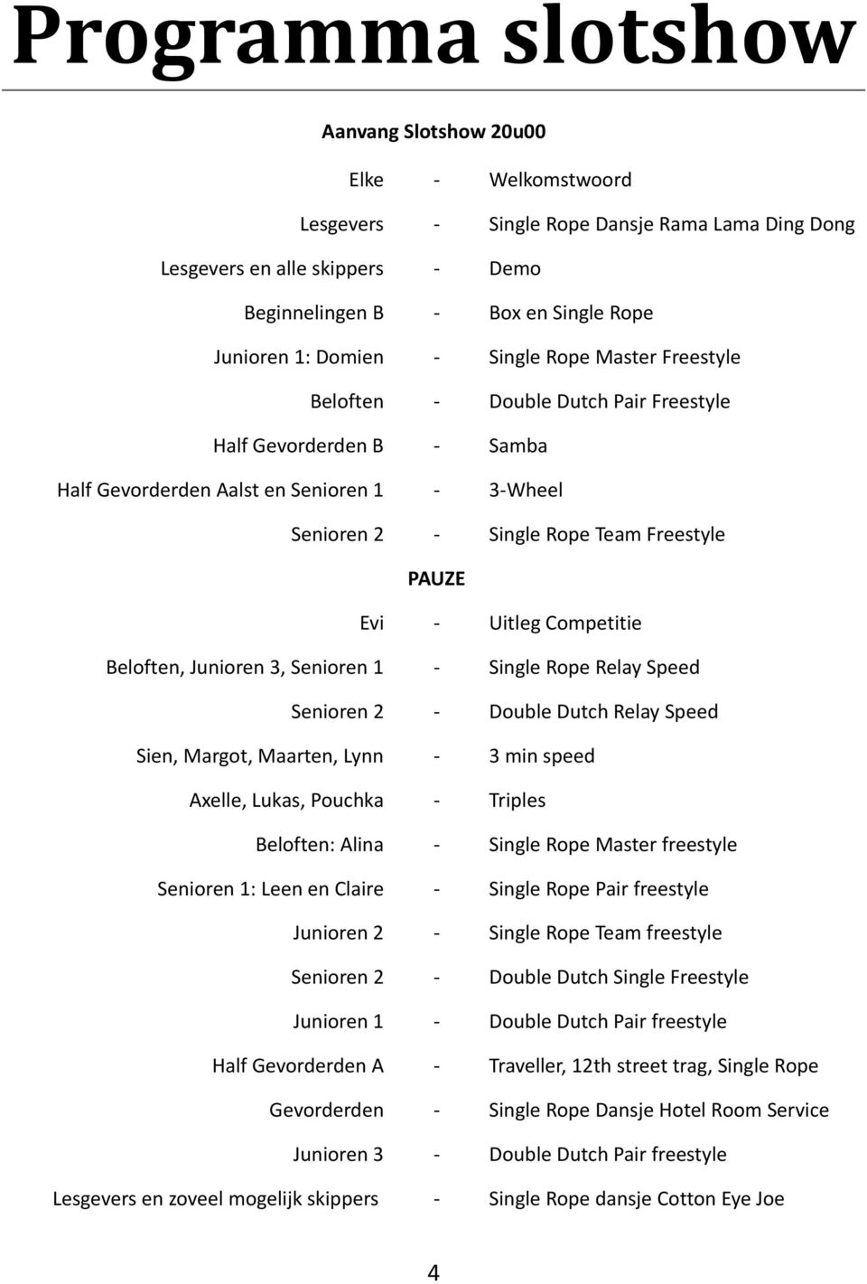 - Uitleg Competitie Beloften, Junioren 3, Senioren 1 - Single Rope Relay Speed Senioren 2 - Double Dutch Relay Speed Sien, Margot, Maarten, Lynn - 3 min speed Axelle, Lukas, Pouchka - Triples