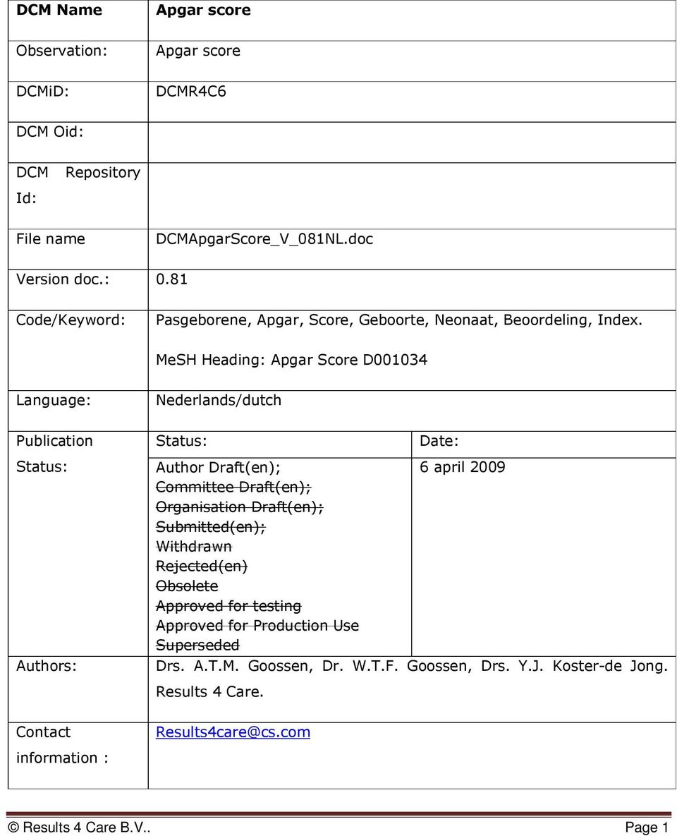 MeSH Heading: Apgar Score D001034 Language: Nederlands/dutch Publication Status: Date: Status: Authors: Author Draft(en); 6 april 2009 Committee Draft(en);