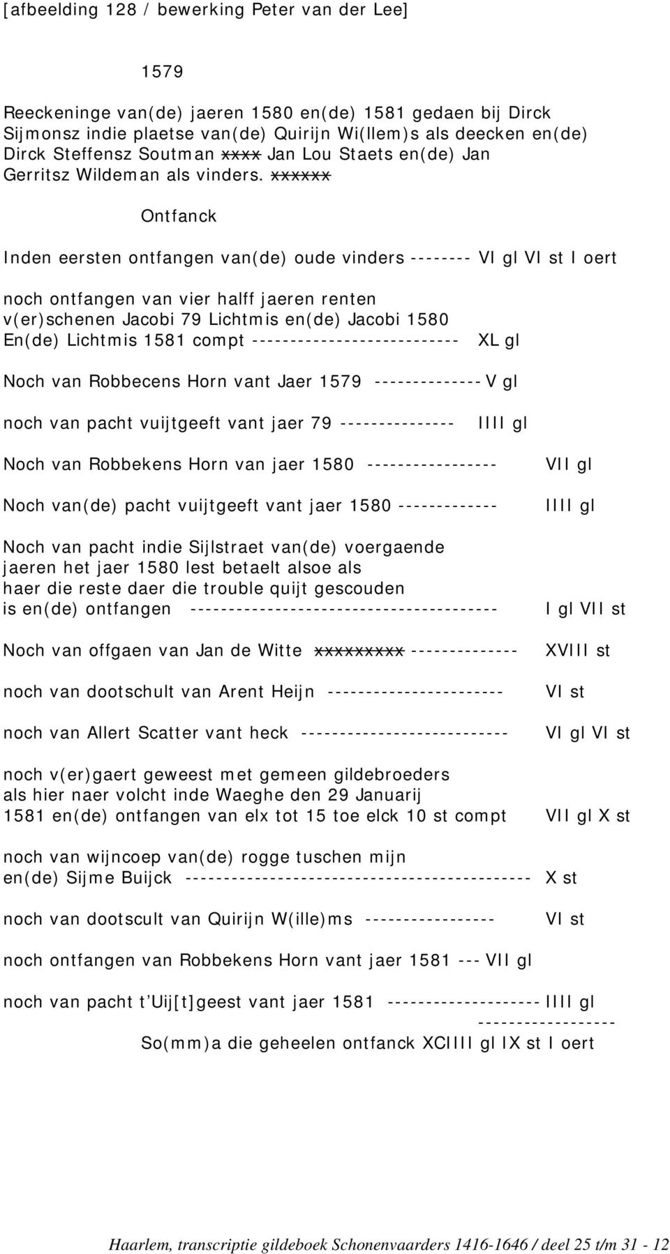 xxxxxx Ontfanck Inden eersten ontfangen van(de) oude vinders -------- VI gl VI st I oert noch ontfangen van vier halff jaeren renten v(er)schenen Jacobi 79 Lichtmis en(de) Jacobi 1580 En(de) Lichtmis