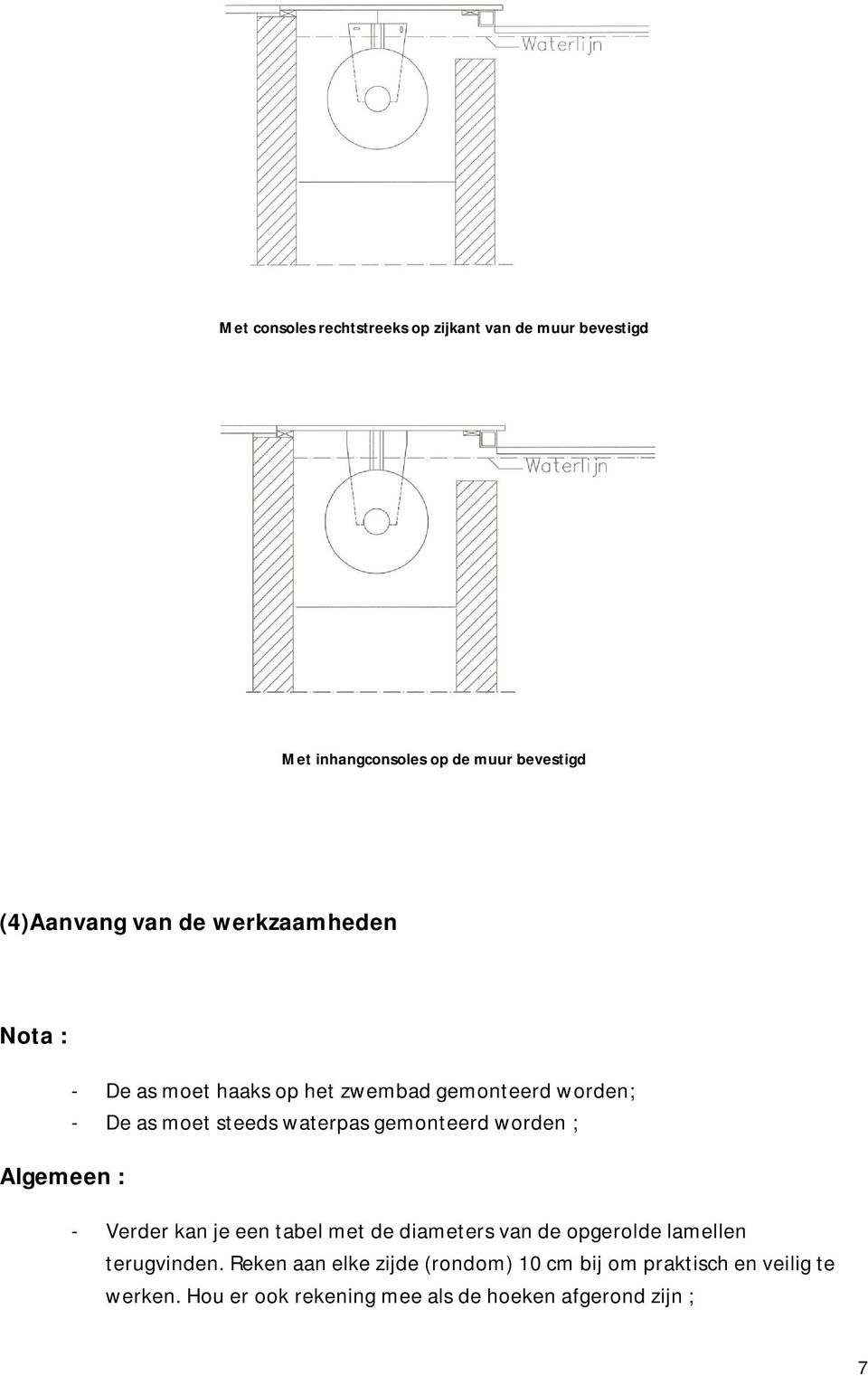 waterpas gemonteerd worden ; - Verder kan je een tabel met de diameters van de opgerolde lamellen terugvinden.