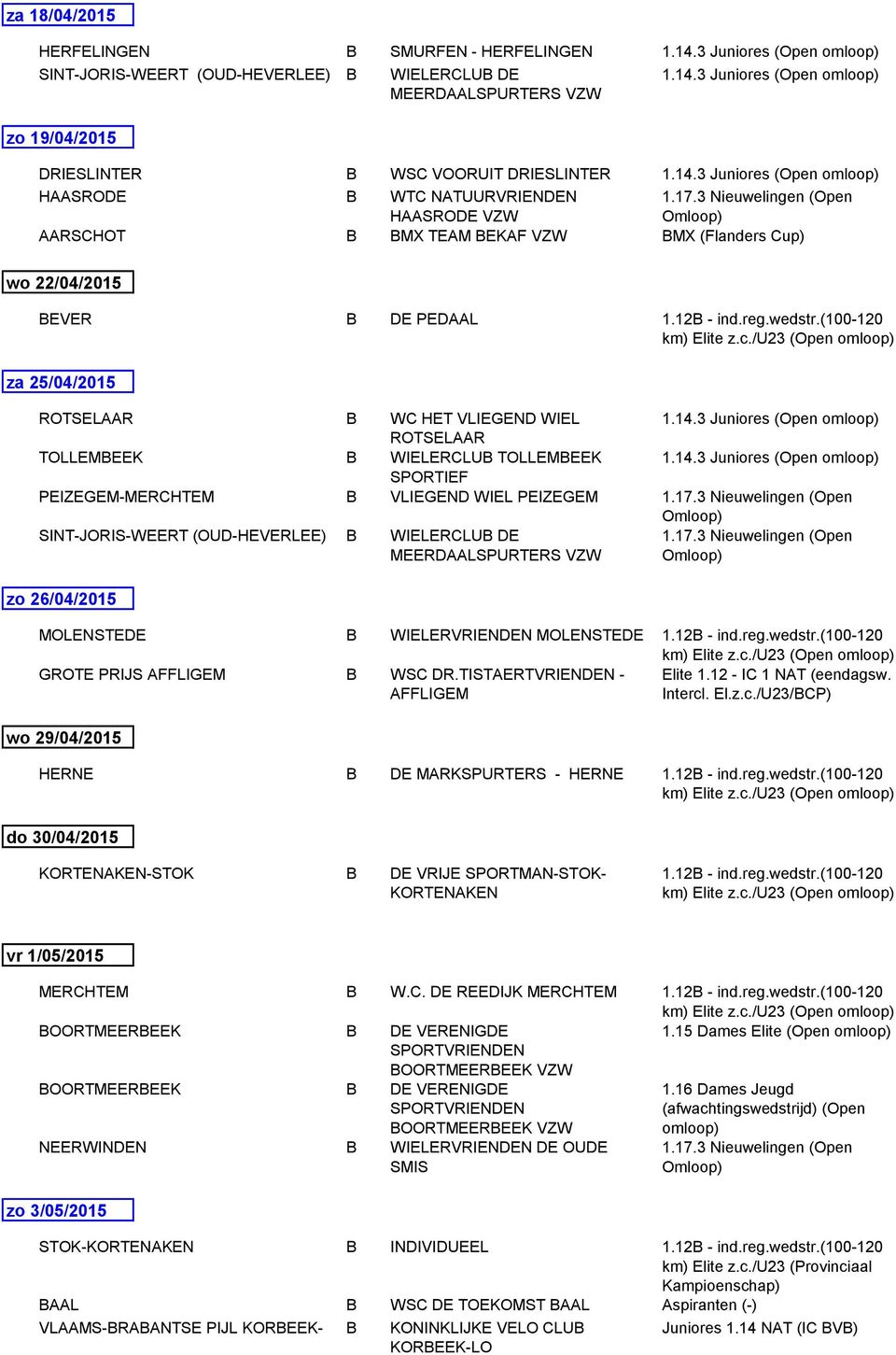 (100-120 za 25/04/2015 WC HET VLIEGEND WIEL TOLLEMEEK WIELERCLU TOLLEMEEK PEIZEGEM-MERCHTEM VLIEGEND WIEL PEIZEGEM SINT-JORIS-WEERT (OUD-HEVERLEE) WIELERCLU DE MEERDAALSPURTERS VZW zo 26/04/2015