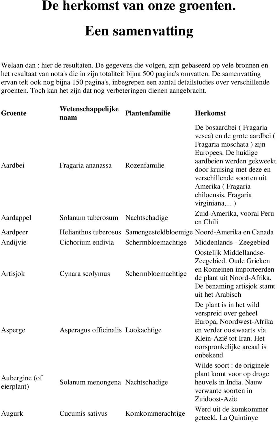 De samenvatting ervan telt ook nog bijna 150 pagina's, inbegrepen een aantal detailstudies over verschillende groenten. Toch kan het zijn dat nog verbeteringen dienen aangebracht.