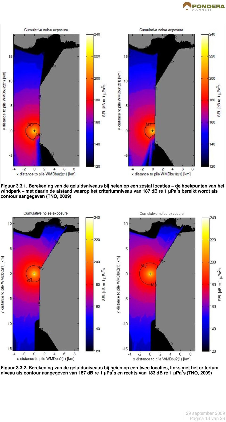 afstand waarop het criteriumniveau van 187 db re 1 μpa 2 s bereikt wordt als contour aangegeven (TNO, 2009)