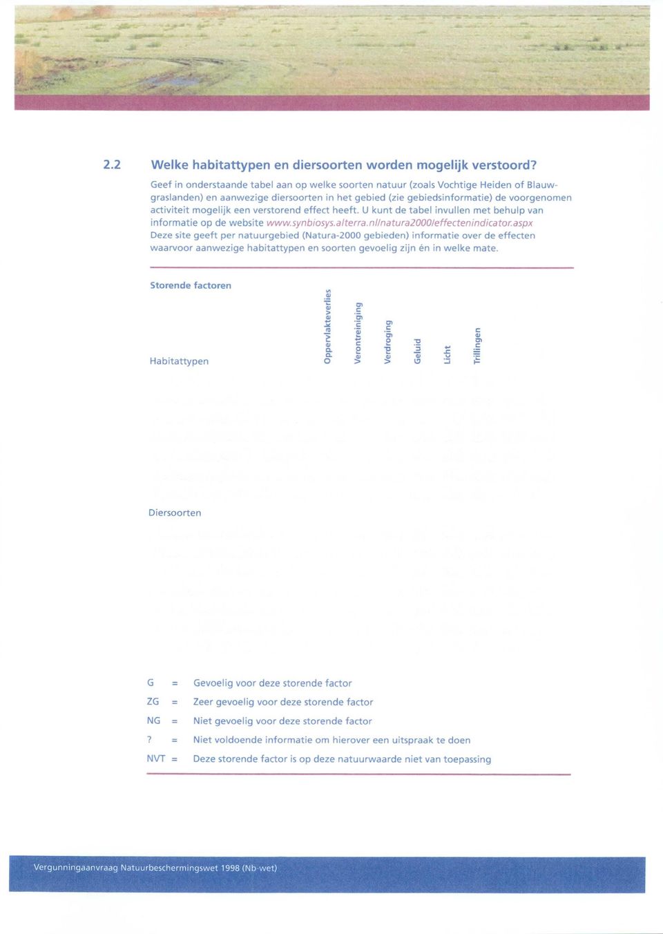 verstorend effect heeft. U kunt de tabel invullen met behulp van informatie op de website www.5ynbiosys.alterra.nl/natura2000/effectenindicator.