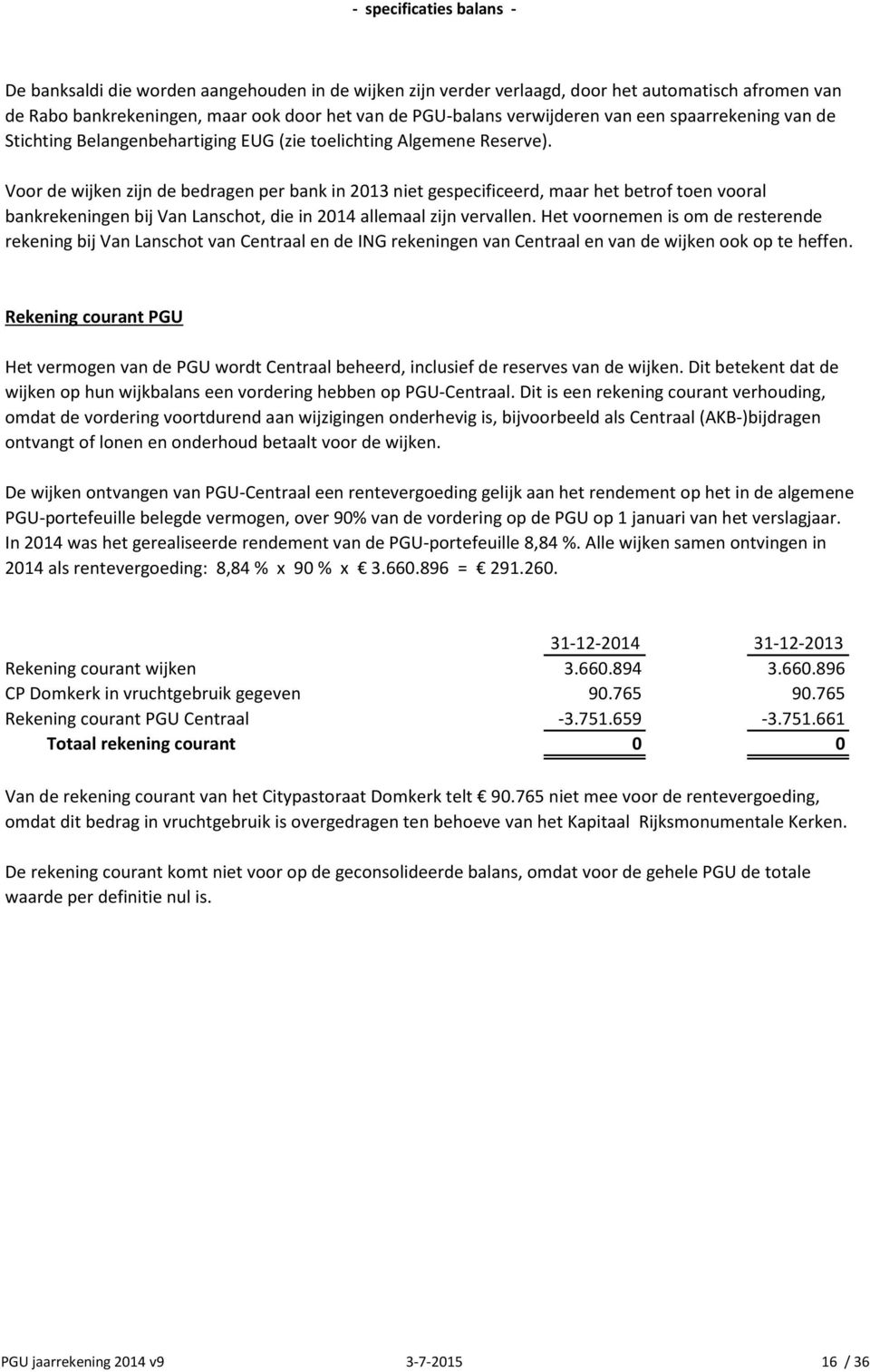 Voor de wijken zijn de bedragen per bank in 2013 niet gespecificeerd, maar het betrof toen vooral bankrekeningen bij Van Lanschot, die in 2014 allemaal zijn vervallen.