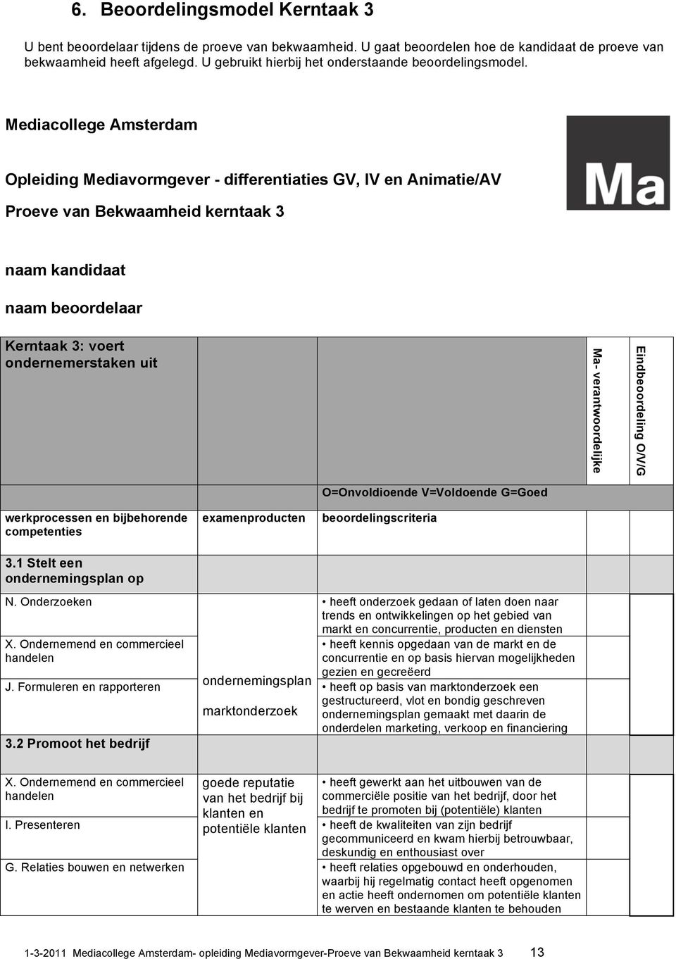 Mediacollege Amsterdam Opleiding Mediavormgever - differentiaties GV, IV en Animatie/AV Proeve van Bekwaamheid kerntaak 3 naam kandidaat naam beoordelaar Kerntaak 3: voert ondernemerstaken uit Ma-