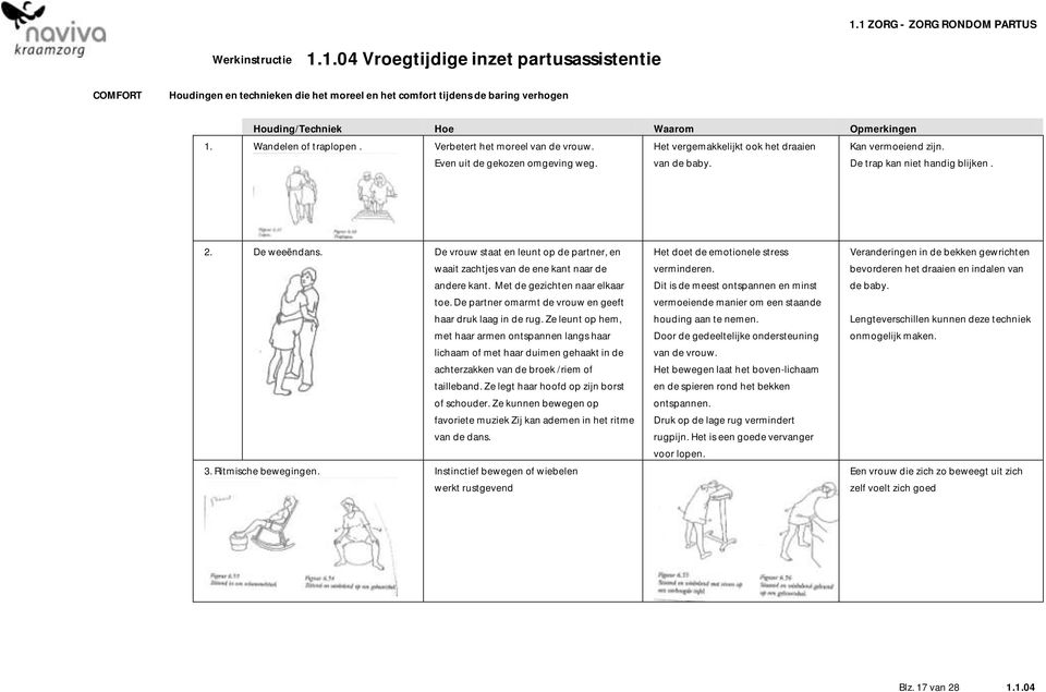 De vrouw staat en leunt op de partner, en waait zachtjes van de ene kant naar de andere kant. Met de gezichten naar elkaar toe. De partner omarmt de vrouw en geeft haar druk laag in de rug.