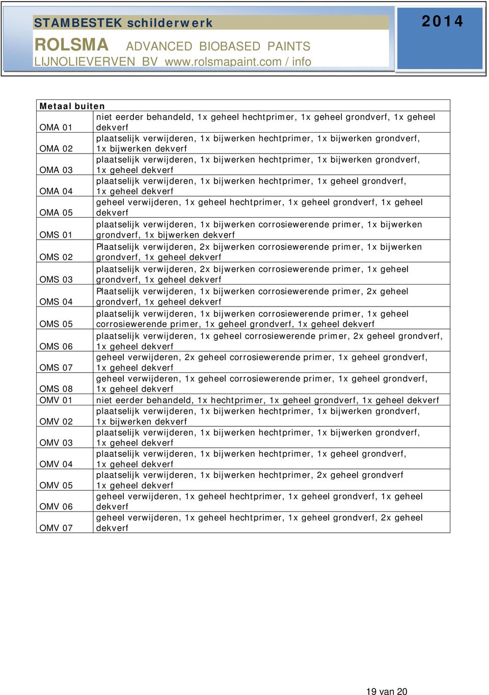 geheel dekverf geheel verwijderen, 1x geheel hechtprimer, 1x geheel grondverf, 1x geheel OMA 05 dekverf plaatselijk verwijderen, 1x bijwerken corrosiewerende primer, 1x bijwerken OMS 01 grondverf, 1x