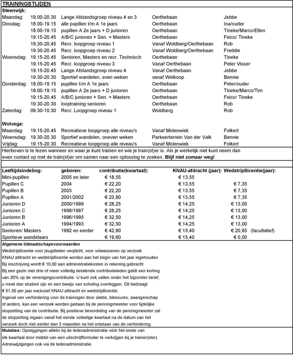 15-20.45 Senioren, Masters en recr. Technisch Oerthebaan Tineke 19.15-20.45 Recr. loopgroep niveau 3 Vanaf Oerthebaan Peter Visser 19.15-20.45 Lange Afstandsgroep niveau 4 Vanaf Oerthebaan Jebbe 19.