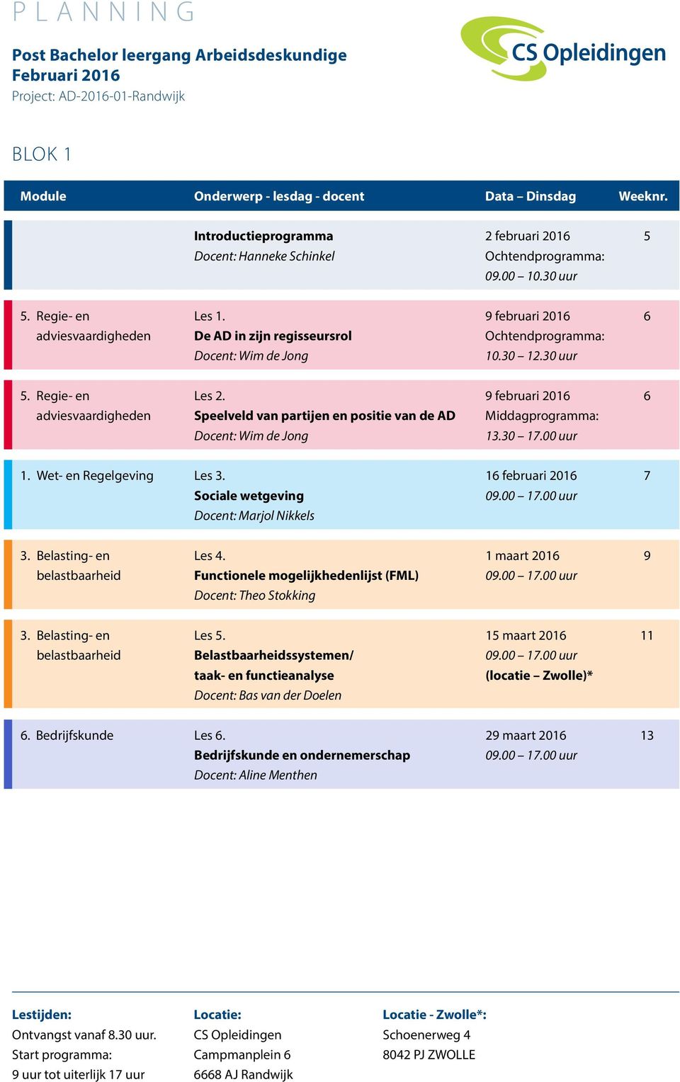 16 februari 2016 7 Sociale wetgeving Docent: Marjol Nikkels 3. Belasting- en Les 4. 1 maart 2016 9 belastbaarheid Functionele mogelijkhedenlijst (FML) Docent: Theo Stokking 3.