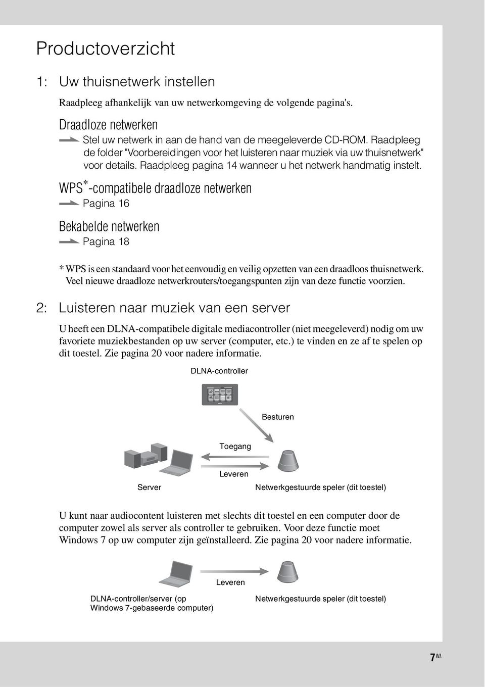 WPS * -compatibele draadloze netwerken. Pagina 16 Bekabelde netwerken. Pagina 18 * WPS is een standaard voor het eenvoudig en veilig opzetten van een draadloos thuisnetwerk.