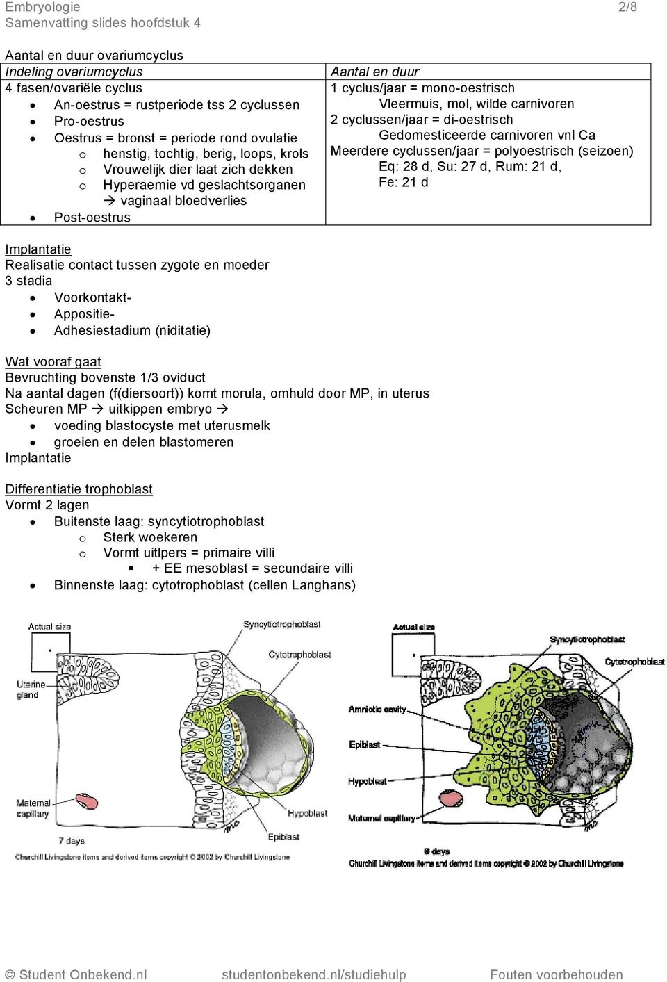 di-estrisch Gedmesticeerde carnivren vnl Ca Meerdere cyclussen/jaar = plyestrisch (seizen) Eq: 28 d, Su: 27 d, Rum: 21 d, Fe: 21 d Implantatie Realisatie cntact tussen zygte en meder 3 stadia