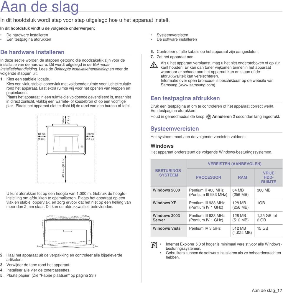 getoond die noodzakelijk zijn voor de installatie van de hardware. Dit wordt uitgelegd in de Beknopte installatiehandleiding. Lees de Beknopte installatiehandleiding en voer de volgende stappen uit.