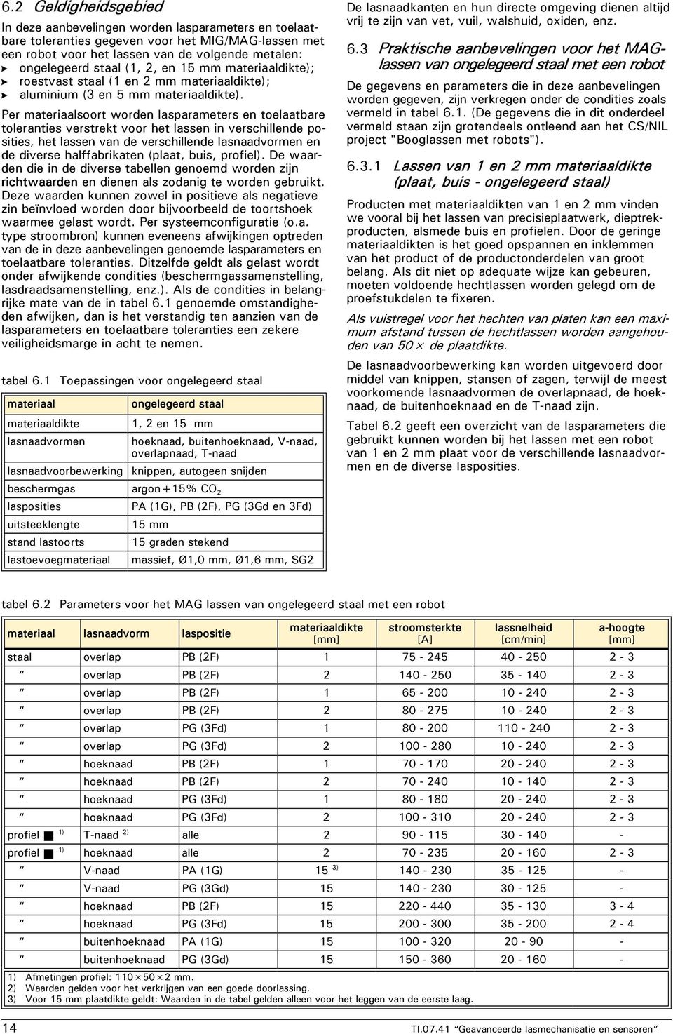 Per materiaalsoort worden lasparameters en toelaatbare toleranties verstrekt voor het lassen in verschillende posities, het lassen van de verschillende lasnaadvormen en de diverse halffabrikaten