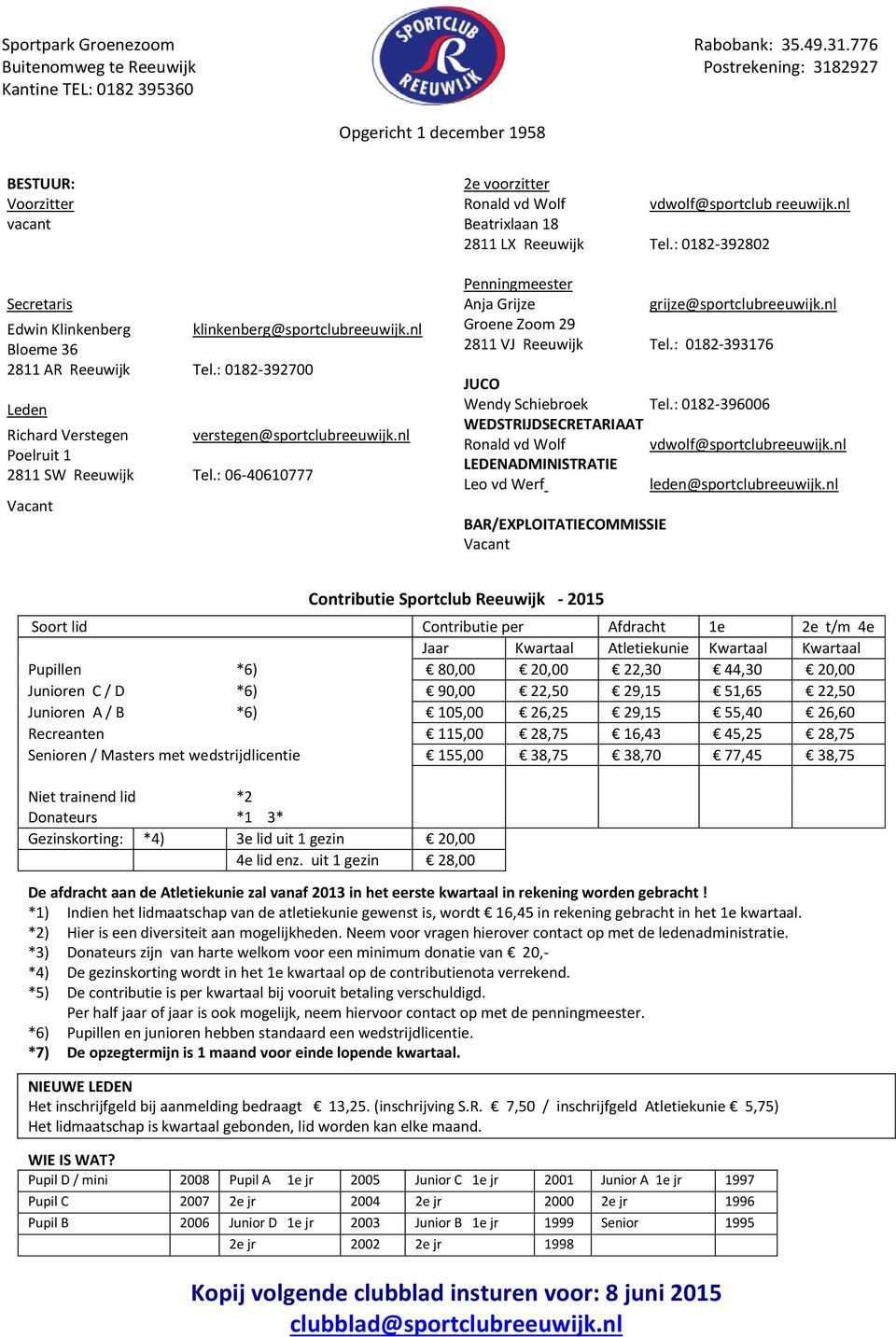 : 0182-392700 Leden Richard Verstegen verstegen@sportclubreeuwijk.nl Poelruit 1 2811 SW Reeuwijk Tel.: 06-40610777 Vacant 2e voorzitter Ronald vd Wolf vdwolf@sportclub reeuwijk.