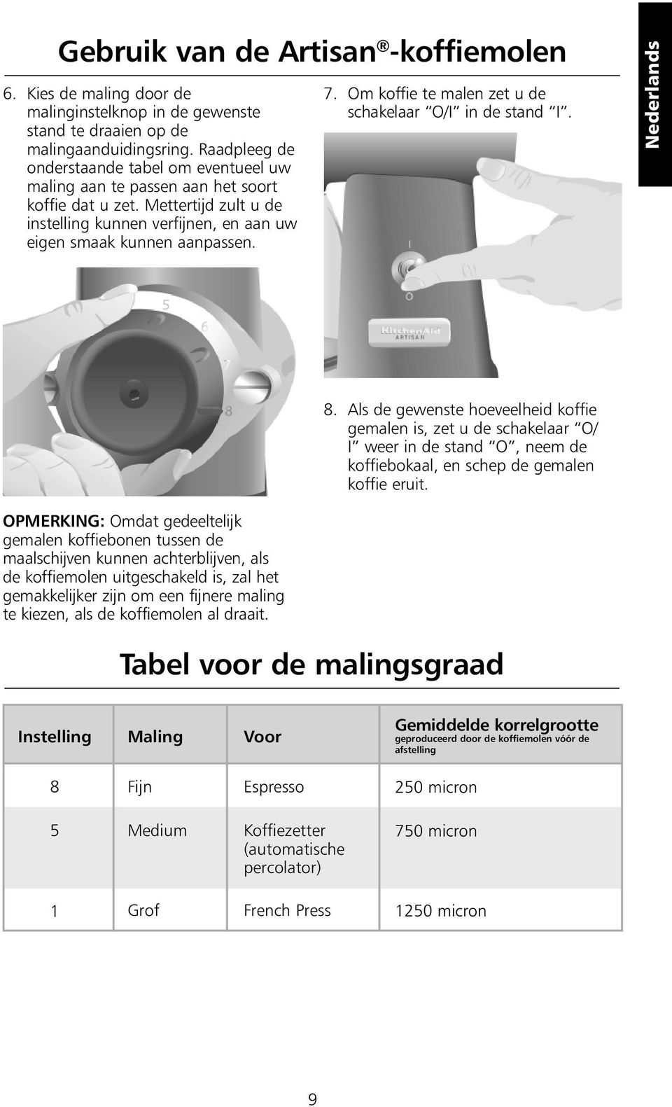 Om koffie te malen zet u de schakelaar O/I in de stand I. Nederlands 8.