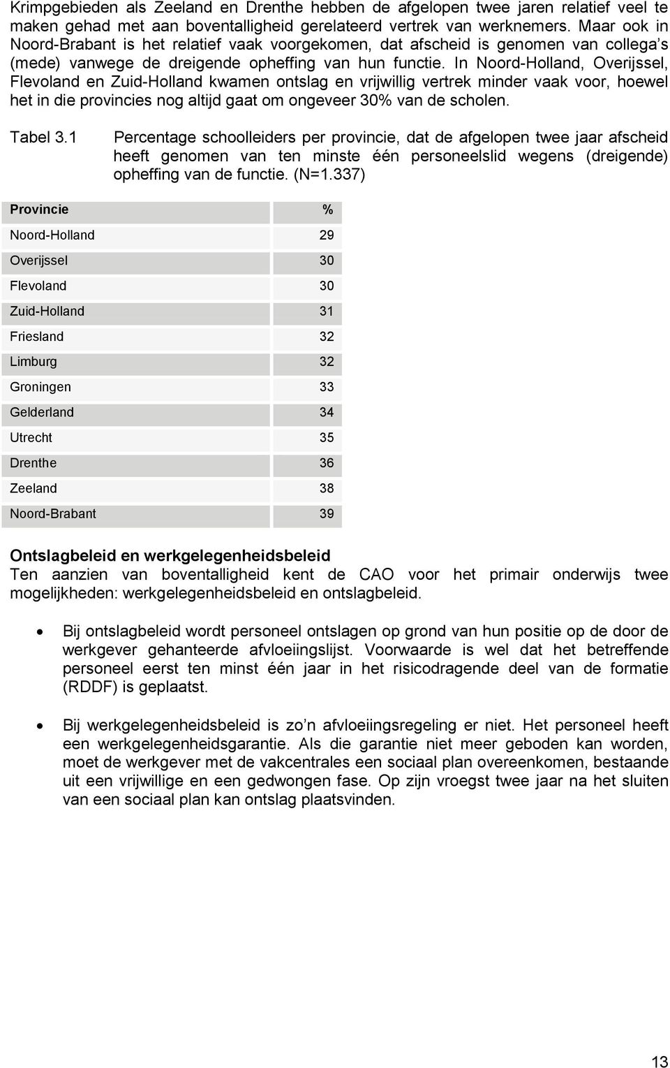 In Noord-Holland, Overijssel, Flevoland en Zuid-Holland kwamen ontslag en vrijwillig vertrek minder vaak voor, hoewel het in die provincies nog altijd gaat om ongeveer 30% van de scholen. Tabel 3.