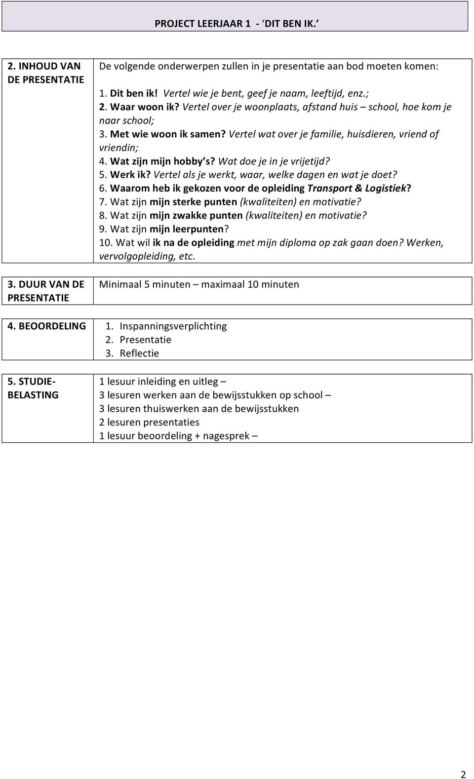 Wat doe je in je vrijetijd? 5. Werk ik? Vertel als je werkt, waar, welke dagen en wat je doet? 6. Waarom heb ik gekozen voor de opleiding Transport & Logistiek? 7.