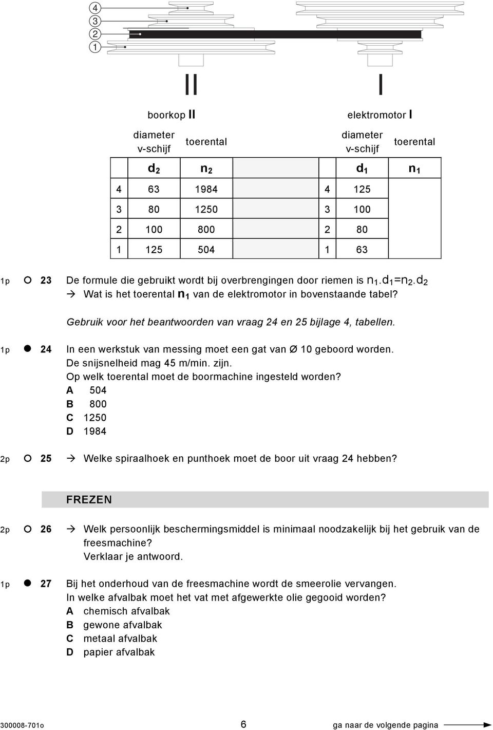 Gebruik voor het beantwoorden van vraag 24 en 25 bijlage 4, tabellen. 1p 24 In een werkstuk van messing moet een gat van Ø 10 geboord worden. De snijsnelheid mag 45 m/min. zijn.